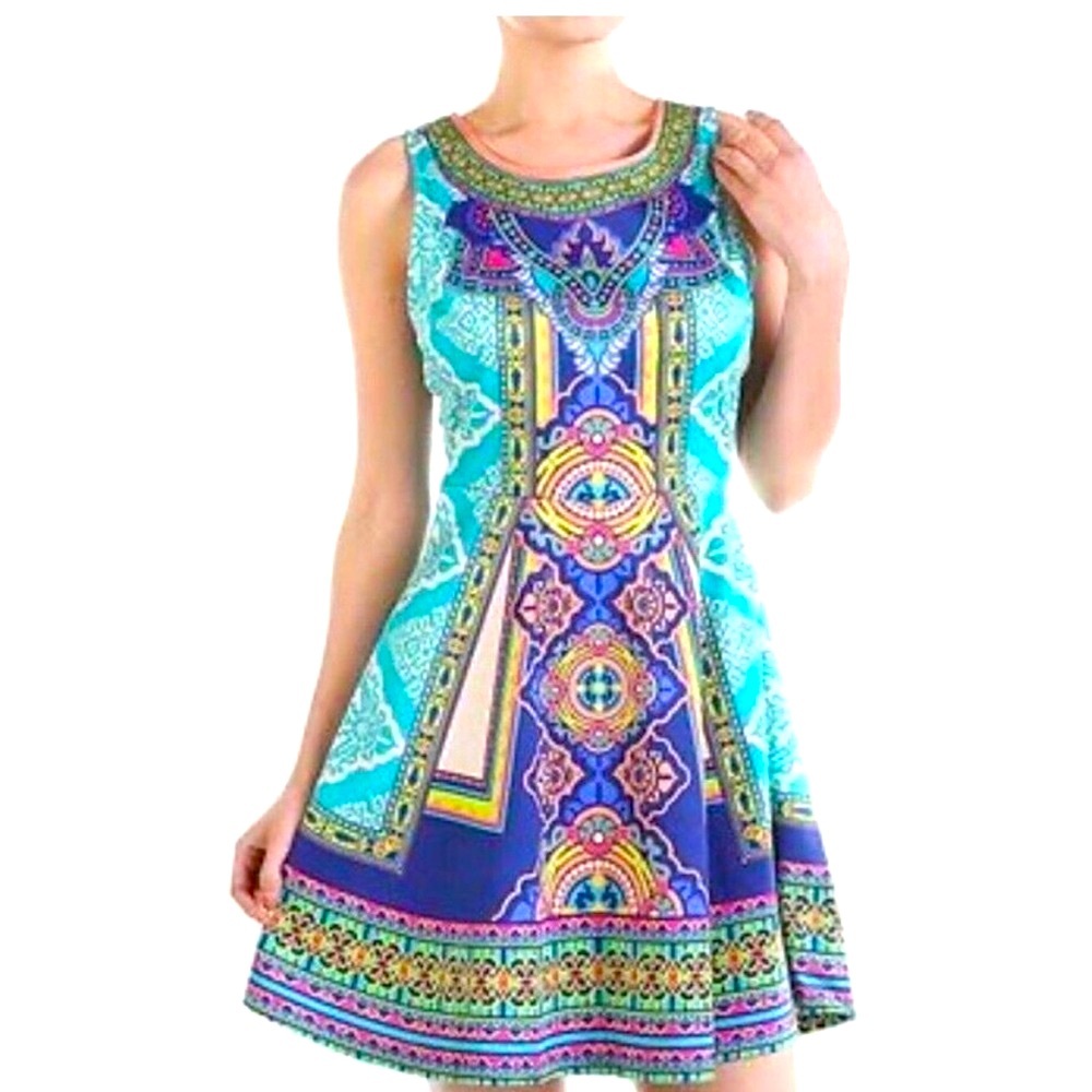 FLYING TOMATO ANTHROPOLOGIE Geometric Fit‎ & Flare Mini Dress Cotton Size Large